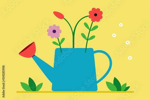 Vibrant Blooms in a Blue Watering Can A Springtime Garden Illustration