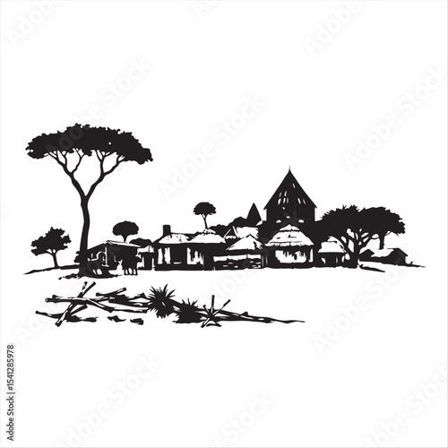 A classic black and white vector silhouette of an African village, hand-drawn with textured pencil strokes.  The style is timeless and elegant, set against a white background. 