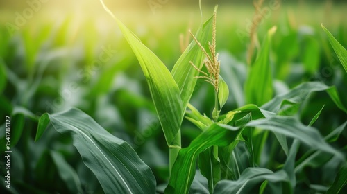Lush green cornfield with tall stalks, vibrant leaves, and emerging corn ears under bright sunlight