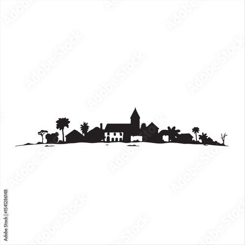 A color sketchnote style hand-drawn sketch of a classic vector silhouette of an African village against a white background. 