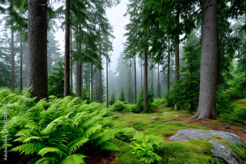 Obraz premium Lush green ferns growing in foggy forest landscape