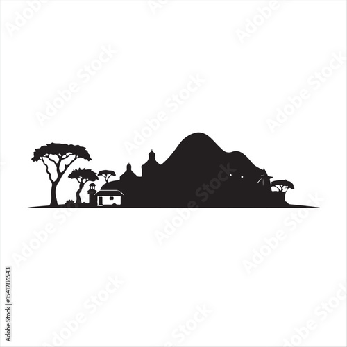 A modern flat design vector illustration, classic black and white.  Simple, two-dimensional shapes create an elegant silhouette of an African village against a white background.eps