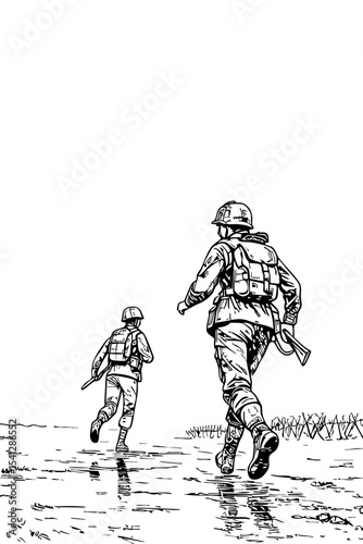 Two Soldiers Advancing on Battlefield – War Motion Scene from Behind