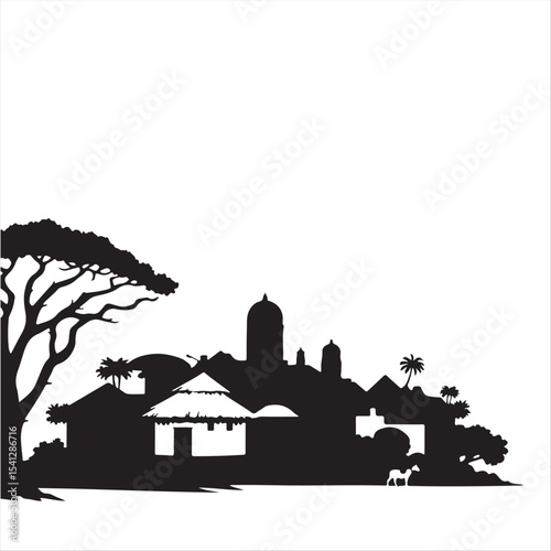 A timeless and elegant black and white vector illustration in a modern flat design style depicting a two-dimensional silhouette of an African village against a white background. 