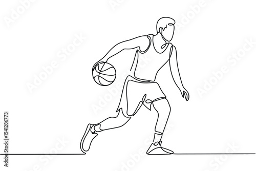 Single line drawing of basketball player dribbling
