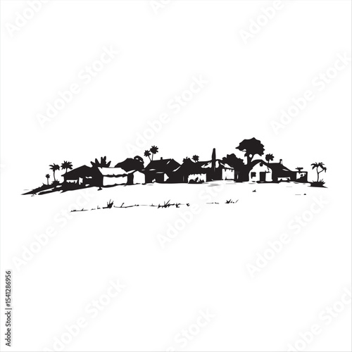 A timeless and elegant hand-drawn sketch in classic black and white vector style, depicting a silhouette of an African village against a white background.  