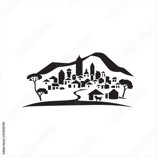 Classic black and white vector logo a stylized silhouette of an African village on a white background.  The design is elegant, using geometric shapes and clean lines for balance and symmetry.eps
