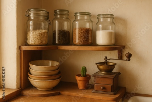 A charming rustic shelf with glass jars of dry food, ceramic bowls, a mini cactus, and vintage coffee grinder creates cozy storage.