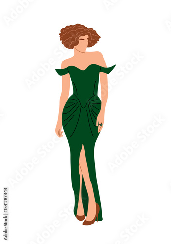 Vector illustration of a beautiful red haired woman in a dark green long evening gown and high heels. Art Nouveau style, elegant and fashionable look, isolated on transparent background