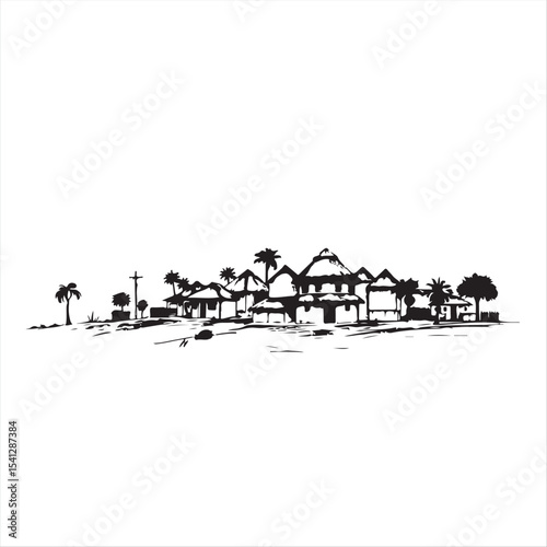 Elegant black and white vector illustration, a hand-drawn sketch of an African village silhouette.  Rough, textured pencil strokes create a timeless feel against a clean white background.eps