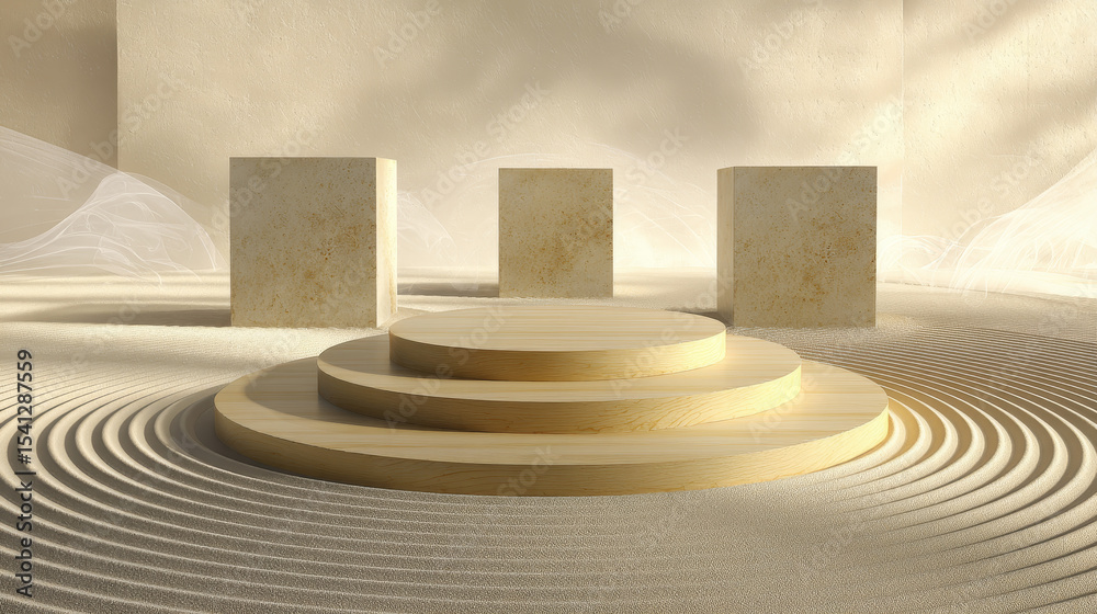 Fototapeta premium Zen-inspired 3D rendering for product staging, with podiums on a patterned sand circle for a calm aesthetic