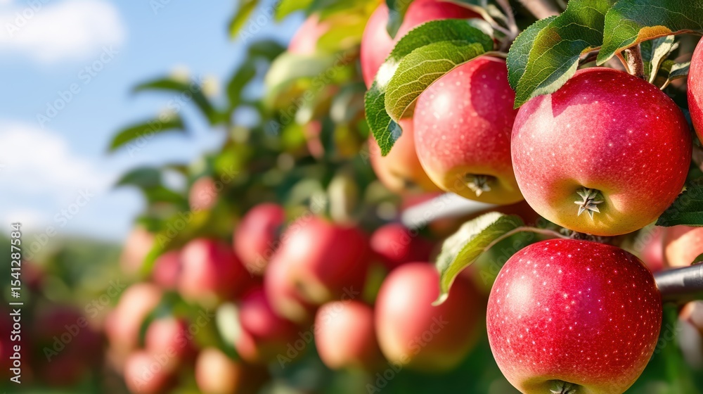 Obraz premium Fresh ripe red s hanging on a tree branch in an orchard du daytime with clear sky backdrop