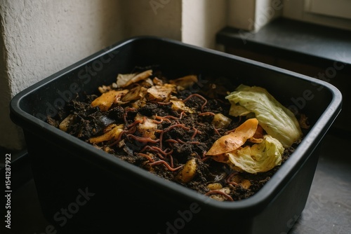 An indoor vermicompost bin teems with worms and food scraps, showcasing effective composting in limited space for eco-conscious households.