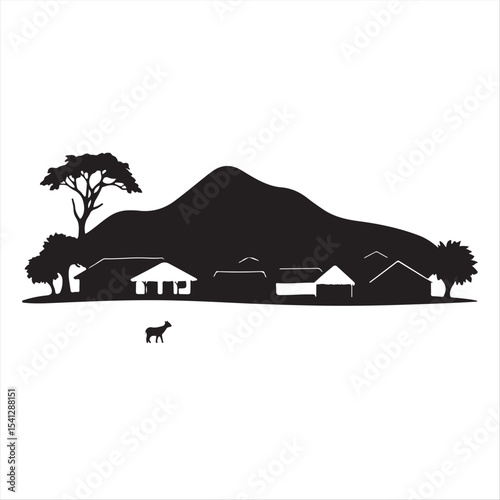 Simple, two-dimensional shapes form a black and white vector silhouette of an African village in a modern flat design.  The image is elegant, timeless, and set against a white background.