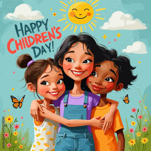 Children Embracing - African American Kids Children’s Day Vector Illustration