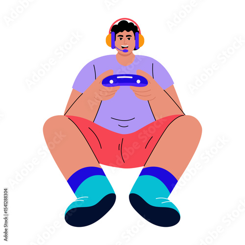 A flat style illustration showing a gamer playing game