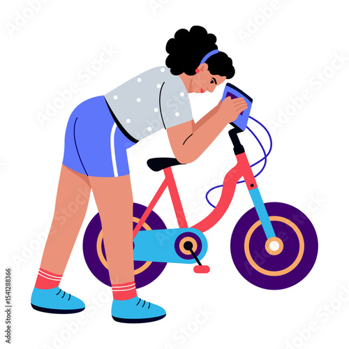 A flat style illustration showing a person checking an electric bike