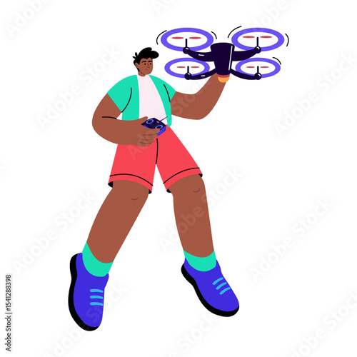 A flat style illustration showing a person using drone