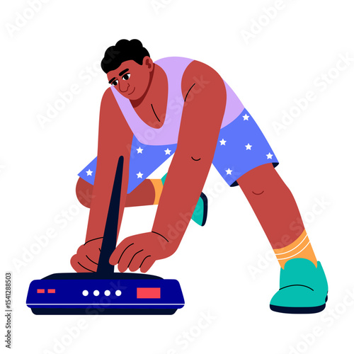 A flat style illustration showing a person checking router