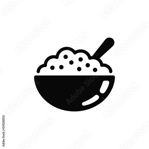 Simple black icon of oatmeal in bowl with spoon