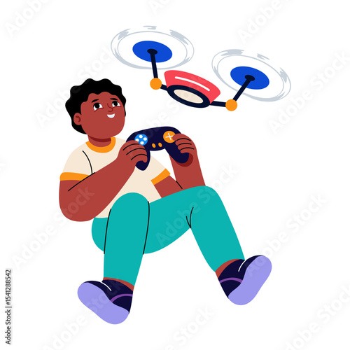A flat style illustration showing a person flying drone