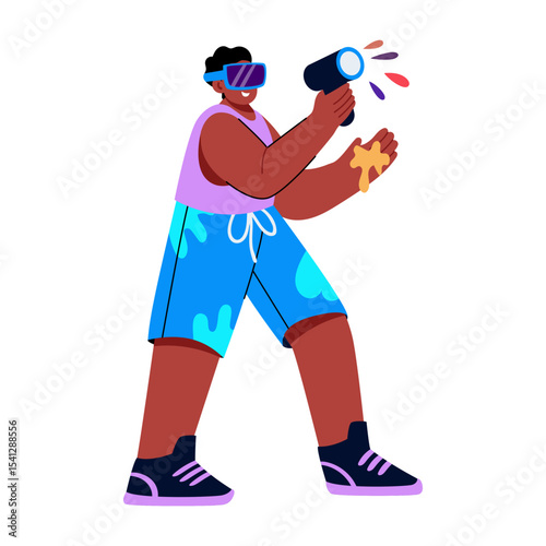 A flat style illustration showing a person playing vr painting