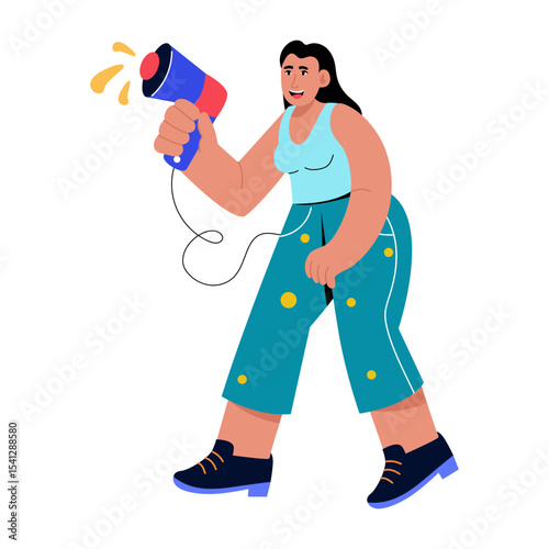 A flat style illustration showing a person using a loudspeaker