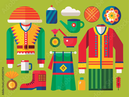 Colorful traditional clothing and accessories.