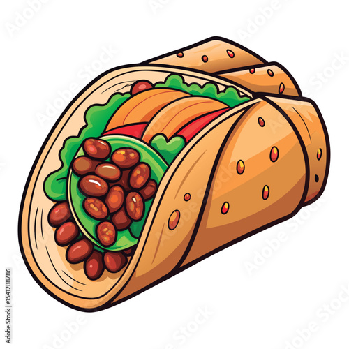 Delicious cartoon burrito filled with beans.