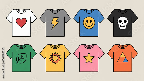 Eight colorful t shirts with simple designs