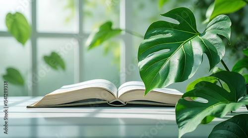Biophilic World Teachers Day concept with monstera leaf shaped like an open book against living green wall, high-key greenhouse light and water droplet semicolons, editorial image with copy space  
