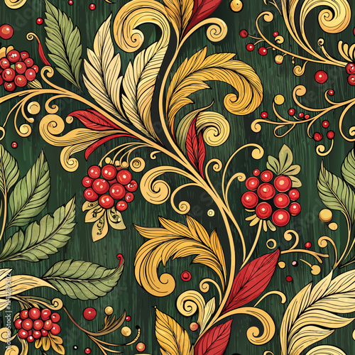 Vector seamless abstract background with classic Russian floral patterns, swirling curved leaves, berries, and tendrils in red, gold, and black on dark green or wooden texture with copy space  
