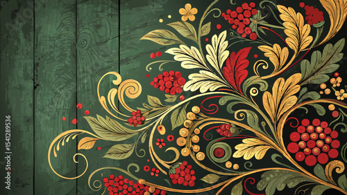 Vector Classic Russian floral patterns abstract background with swirling motifs of curved leaves, berries, and tendrils in red, gold, and black on dark green or wooden texture with copy space