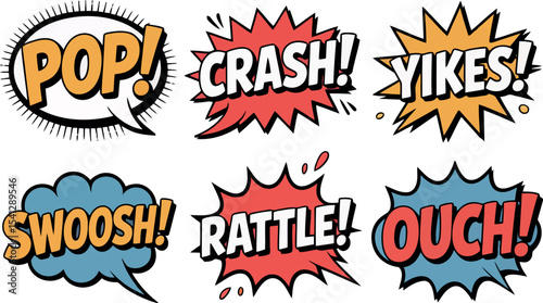  collection of comic book sound effect words is presented in bold, stylized text with dynamic shapes. 