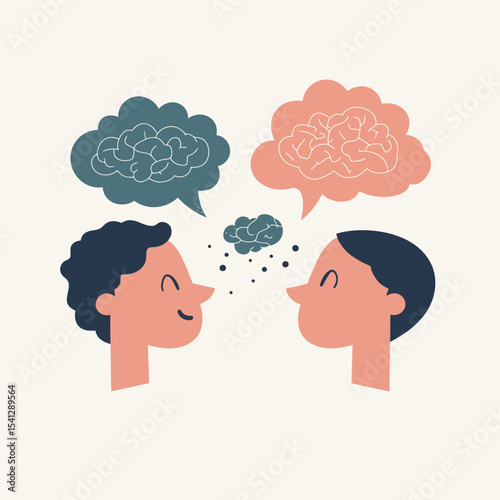 Two people with speech bubbles containing brain illustrations symbolizing communication and sharing of ideas in flat minimalist vector style