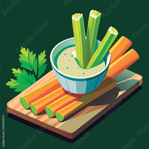 Celery and carrots with dip on a board.