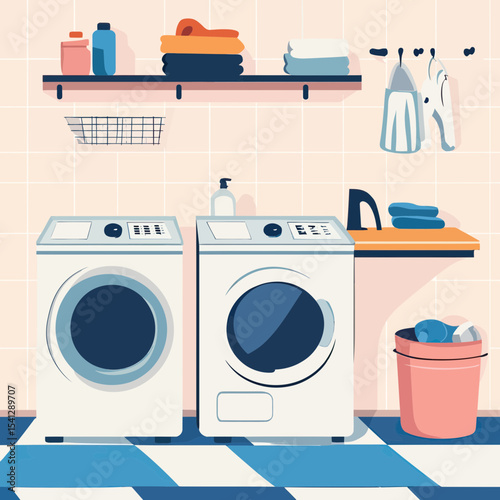 Minimalist flat vector laundry room interior with washing machine, dryer, folded towels, detergent bottles, hanging steam irons, and laundry basket on checkered floor tiles