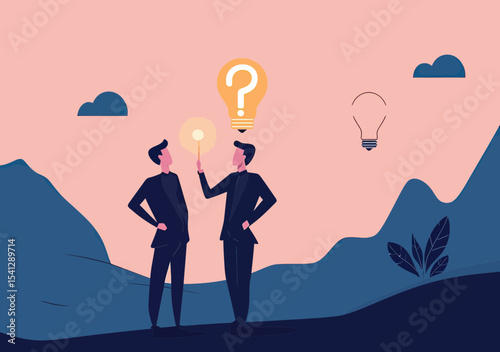 Two business men standing outdoors with glowing light bulb question mark and unlit light bulb symbolizing idea discovery and problem solving at dusk