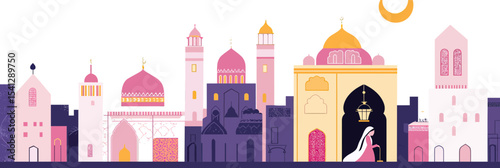 Minimalist vector illustration of Muslim city skyline with mosque domes, crescent moon, lantern, and woman in hijab praying for Ramadan and Eid greeting card design