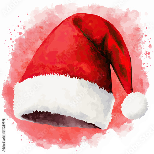 Red Santa Claus hat with white fur trim and pompom festive holiday watercolor texture background Christmas winter accessory illustration