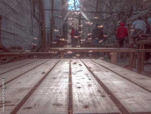 Wooden bench, buzzing bees, sunlit scene