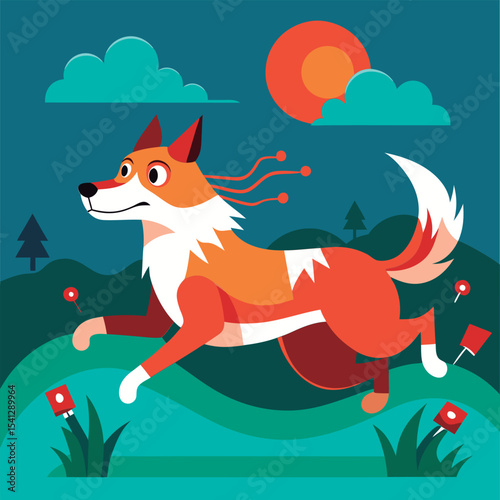 Playful fox running through the meadow.