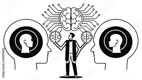 Illustration showing a man holding brains with heads and a brain circuit above him in black and white