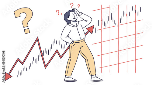 Confused woman looking at stock market chart with question marks and rising and falling arrow lines graph