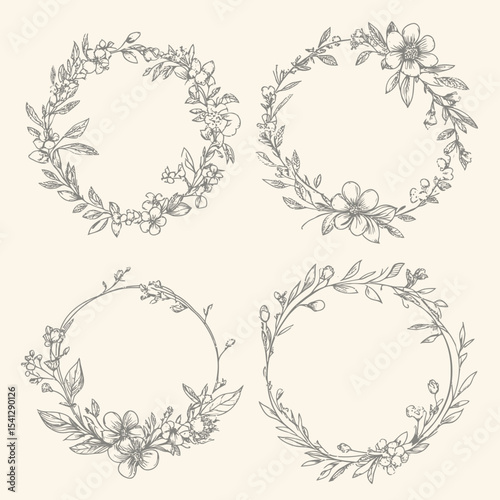 Hand drawn floral wreath frames set with detailed leaves and flowers in sketch style for elegant border and decorative design elements collection