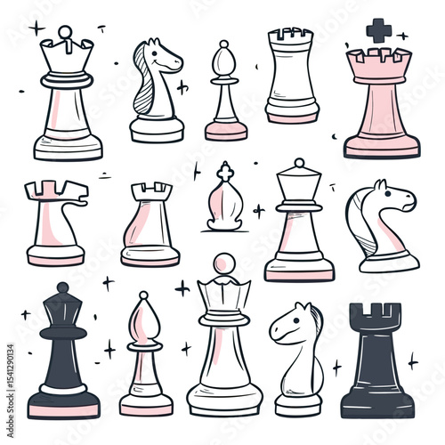 Hand drawn cartoon chess pieces set in doodle sketch style with black and pink colors isolated vector illustration for chess games and tournaments