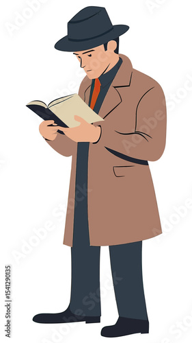 Detective man reading notebook wearing brown trench coat hat formal outfit flat vector illustration