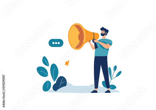 Businessman holding large megaphone communicating message with speech bubble flat vector illustration concept of marketing promotion announcement and storytelling in minimalist style