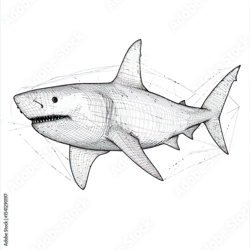 Detailed 3D wireframe vector illustration of a great white shark isolated on white background showing fins teeth eyes and body structure in black line art style