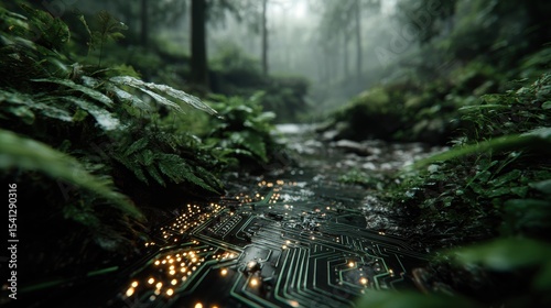 Circuit Board Path Through a Lush Forest